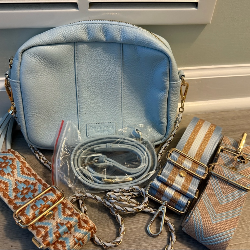 Pom Pom London Ice Blue Leather Crossbody Bag with Interchangeable Straps